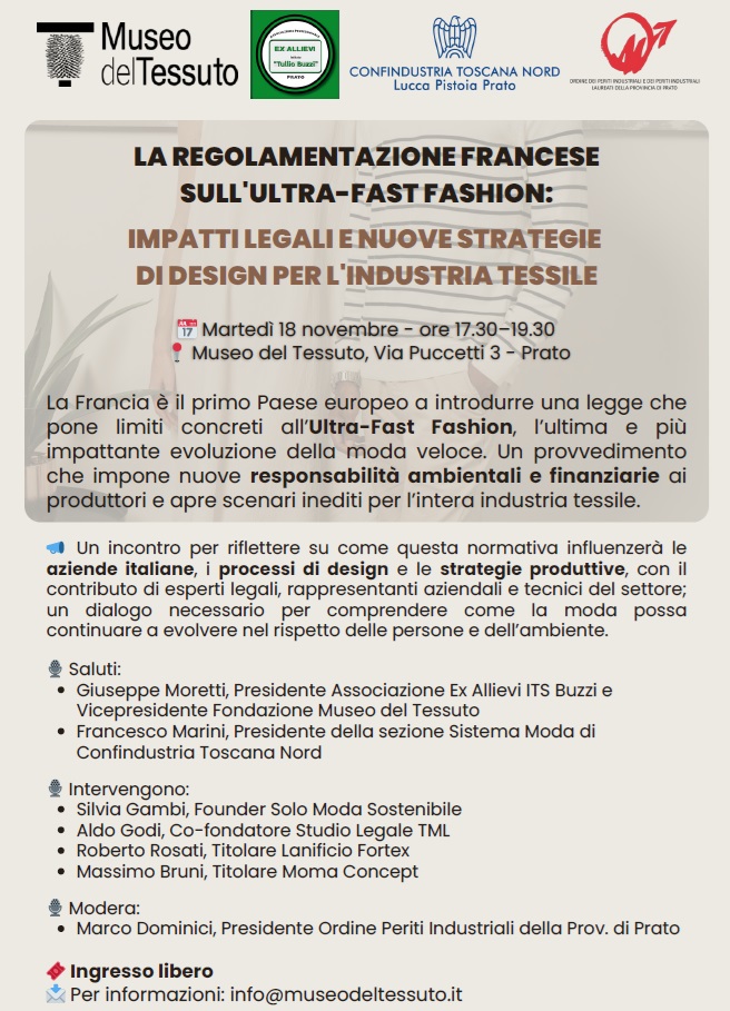 Regolamentazione francese sull’ultra fast fashion: impatti e strategie per l’industria tessile. Al Museo del Tessuto un convegno per parlare del futuro della filiera