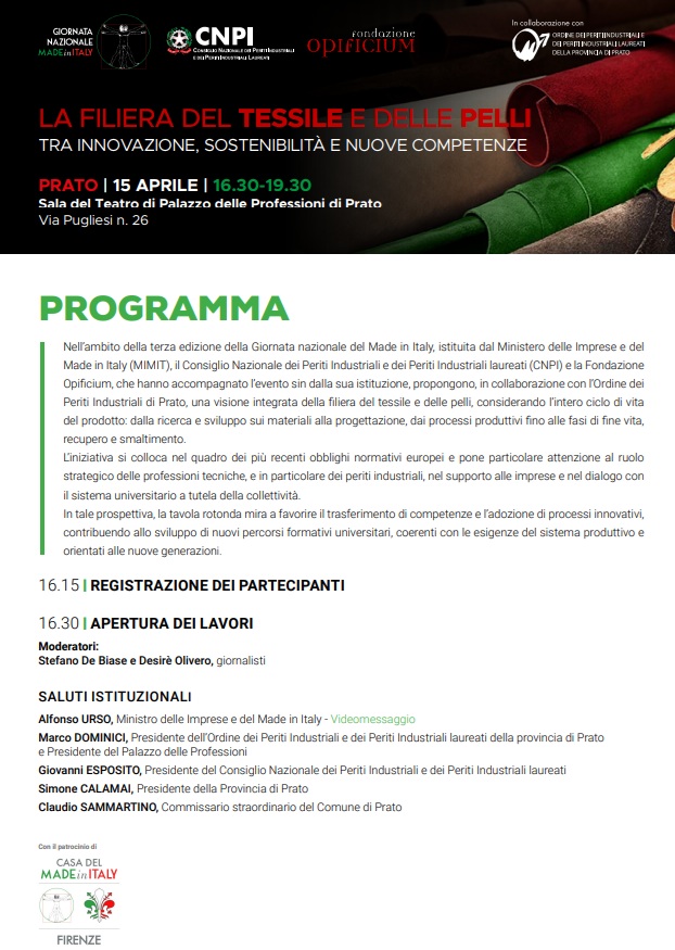 Giornata Made in Italy, a Prato un’iniziativa nazionale per parlare delle filiere del tessile e delle pelli fra innovazione, sostenibilità e nuove competenze