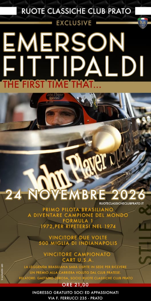 Ruote Classiche Club Prato, un autunno con i protagonisti del motorsport: a Prato arrivano Allievi, Fittipaldi e Giacomelli